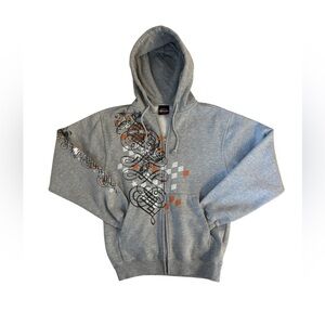 Harley-Davidson Y2K Gray Hoodie with Orange & Black Graphic Details